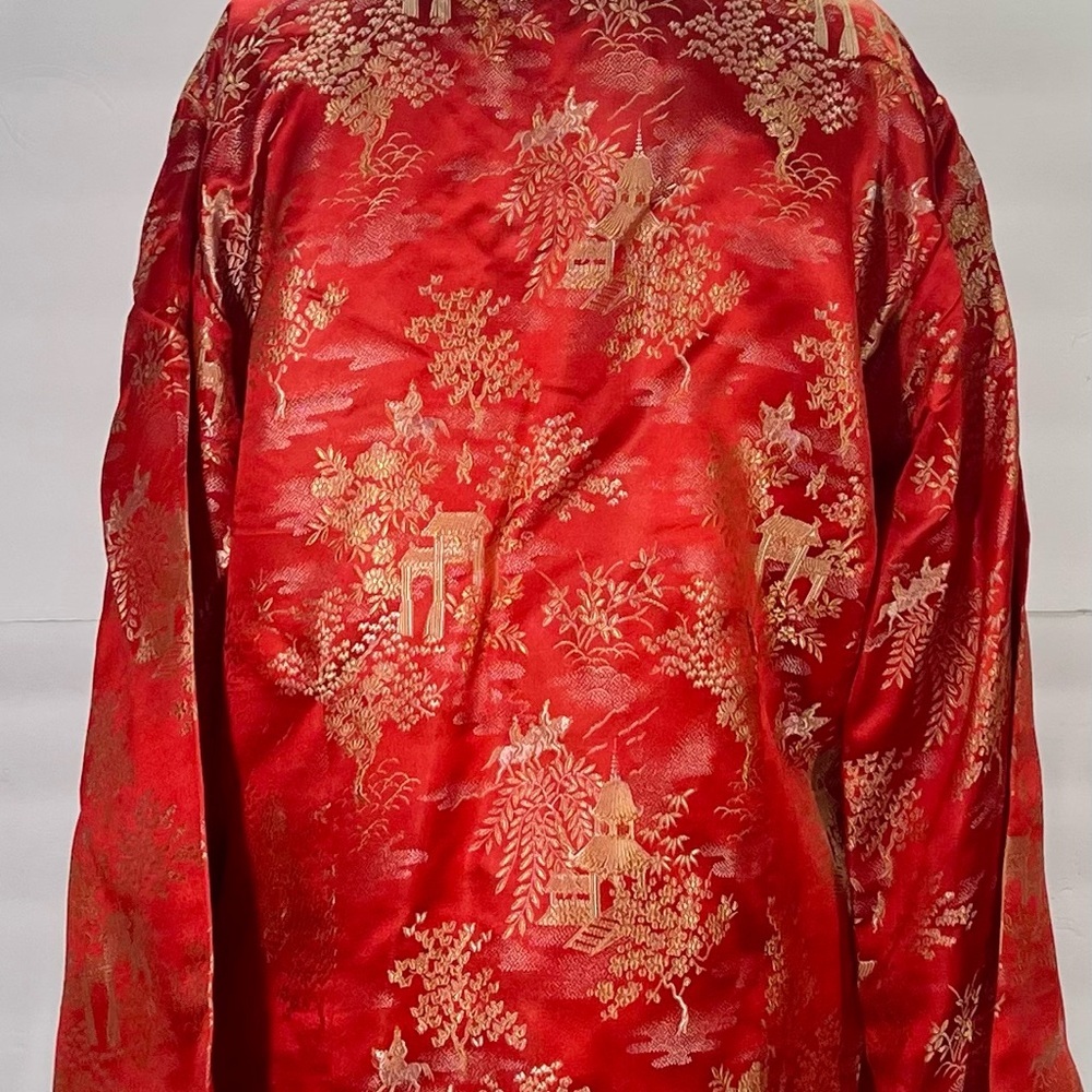 Red Brocade Mandarin Collar Button-Down Shirt with Gold Detail Size Medium - Picture 4 of 8